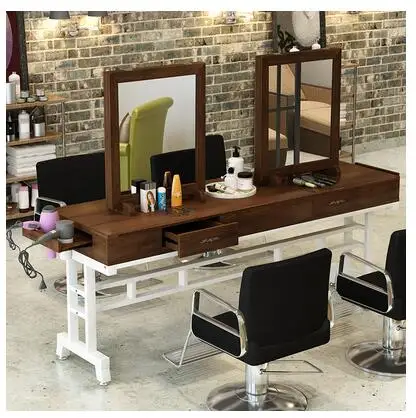 Real wood retro barber shop mirror desk hairdresser mirror salon dedicated to making old perm table floor single-sided mirror