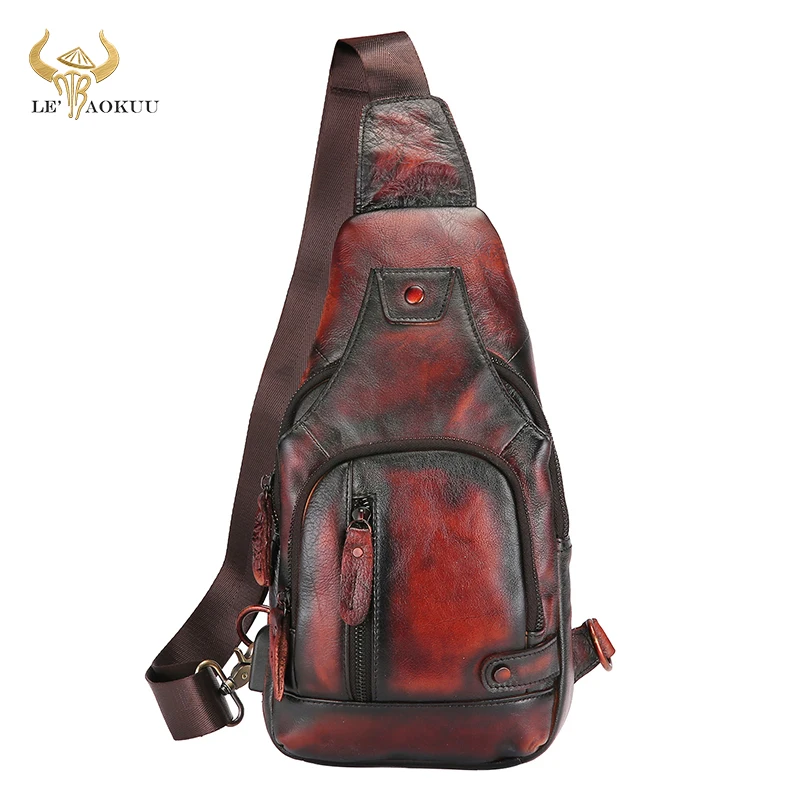 

2022 Hot Sale Grain Real Leather Retro Sling Chest Bag 8" Tablet Design One Shoulder Strap Cross-body Bag For Men Male 8066