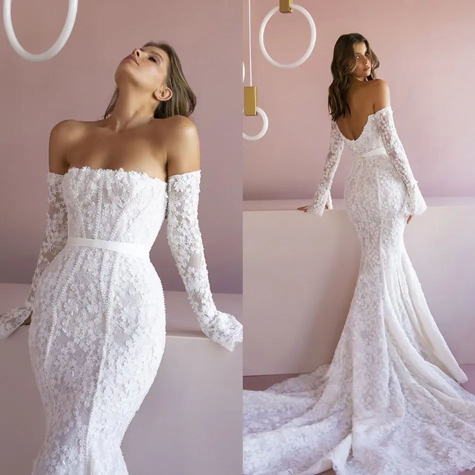 หรูหราชุดแต่งงานแขนยาว2020ลูกไม้ดอกไม้ Appliques Mermaid ชุดเจ้าสาว Gowns เซ็กซี่ Abiti Da เจ้าสาว