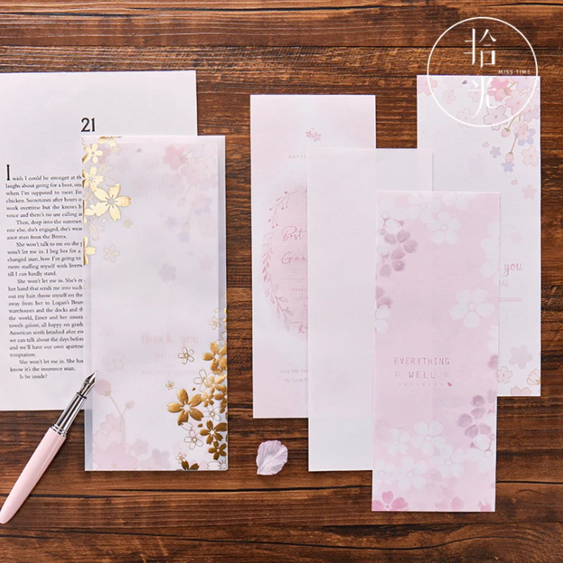 New 6 envelopes 12 letter paper fresh retro literary illustrations Pink Flower Letter Paper for Valentine's Day