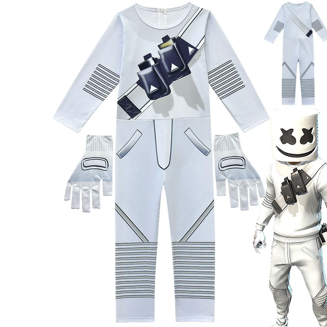 Kids Popular DJ Marshmello Cosplay Halloween Costume with Mask Boys Girls Jumpsuit Carnival Party Electric Syllables Bodysuit