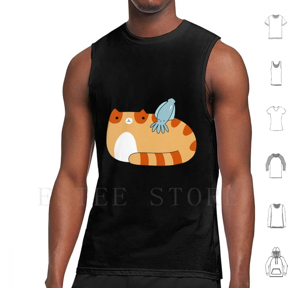 Tabby Cat And Squid Tank Tops Vest Cotton Cat Cats Squid Squids Sea Creatures Kitty Kitties Tabby Tabby Cats Orange Tabby