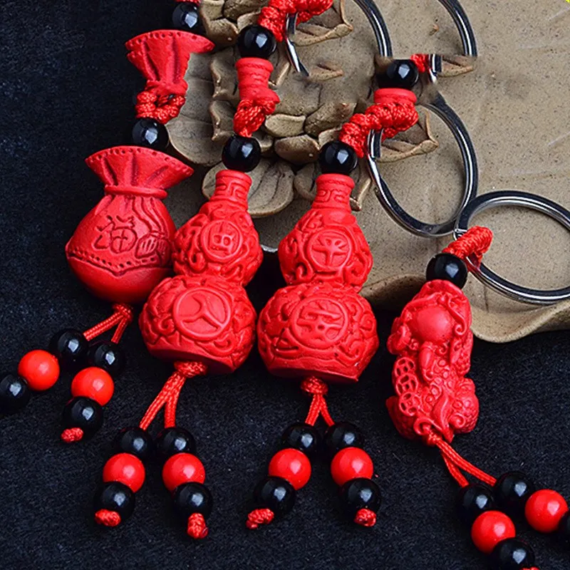 Safe gourd Natural Cinnabar Pendant Carving Pixiu Keychain Creative Gifts Men and Women Necklace Bag Hanging Safety Jewelry