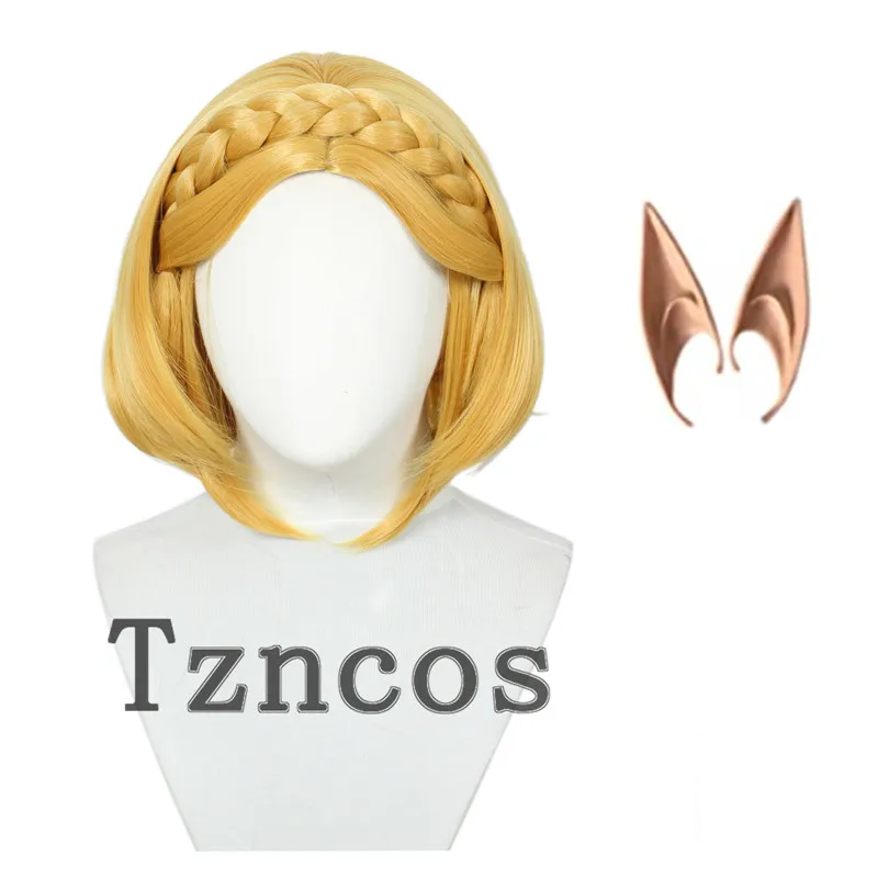 

Tzncos Game Breath of the Wild Princess Zelda Wig with Elf Ears Short Golden Cosplay Wig Heat Resistant Synthetic Hair