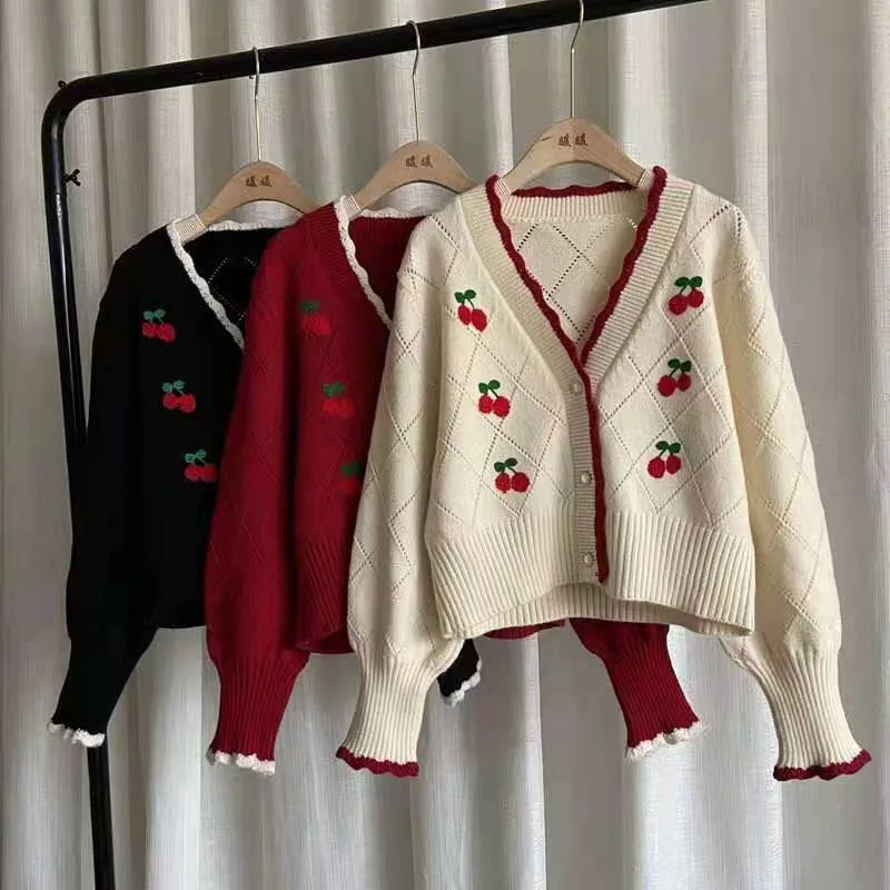 Fashion Cherry Embroidery Cute Cropped Cardigan Fall 20210 Women Clothing Black White Oversized Tops Loose Button Knit Sweater