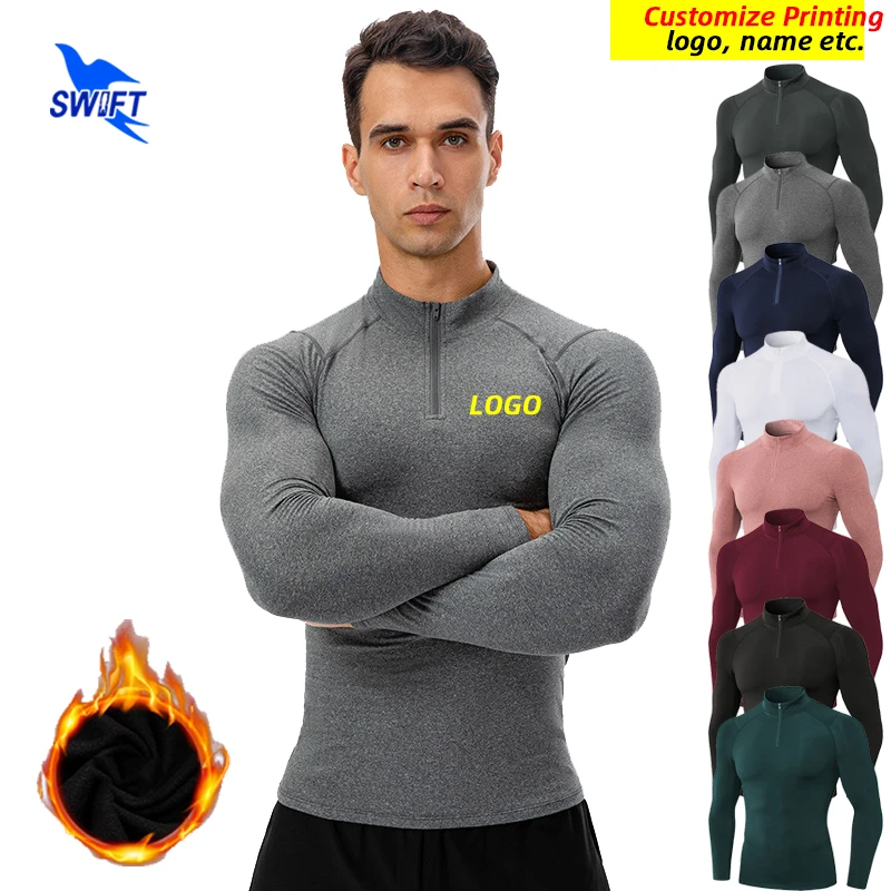 Customize LOGO Men Winter Fleece Sportswear Shirts Long Sleeve Gym Running Tops Fitness Compression Half Zip Rashgard Sweatshirt