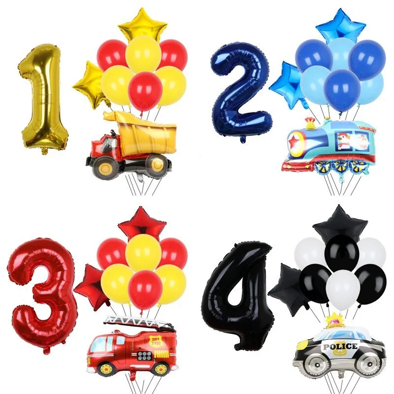 

1Set Cartoon Truck Train Aluminum Foil Balloons Red Blue Latex Balloon Set Children 1 2 3th Birthday Decor Gifts Kids Toy