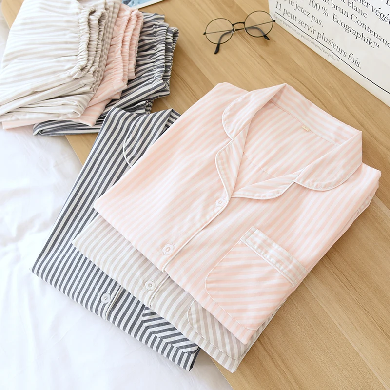 

Women Loose Soft Long Sleeve Striped Pajamas Set Home Clothes Loungewear Summer Cotton Comfortable Breathable Pajama Sleepwear