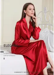 Pijamas vermelhos para mulheres, roupas de dormir femininas sintéticas com gola virada em seda, roupão longo com renda