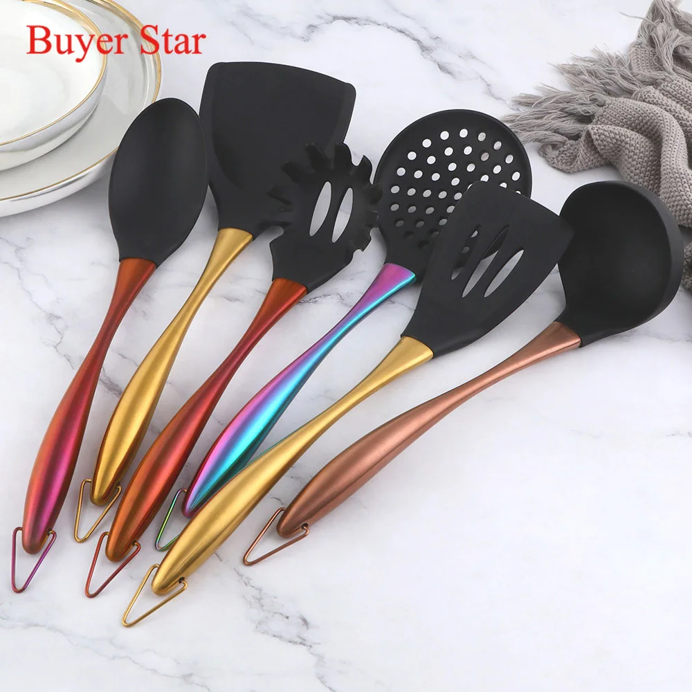 6/7PCS Silicone Cooking Utensil Set Steel Handle Tableware Spoon Turner Rice Colander Soup Skimmer Scoop Kitchen Reusable Tool