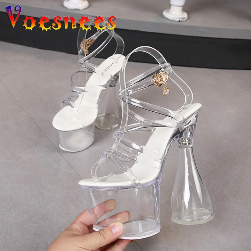 

Women All Transparent Sandal Sexy Platform 17.5CM Super High Heels New Fashion Female Summer Round Heel Nightclub Stripper Shoes