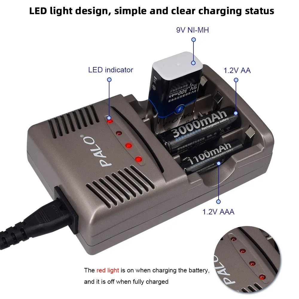 LED Light Battery Charger 4 Slots Smart battery charger for 1-4 pcs AA/AAA Ni-MH/Ni-Cd 9v 6f22 Rechargeable Batteries