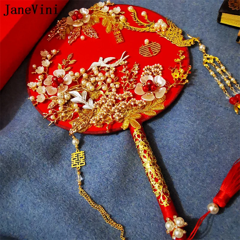 JaneVini Gold Phoenix Tassel Traditional Wedding Bridal Fan Red Chinese Style Pearl Beaded Bride Fan Bouquet Handmade Flowers