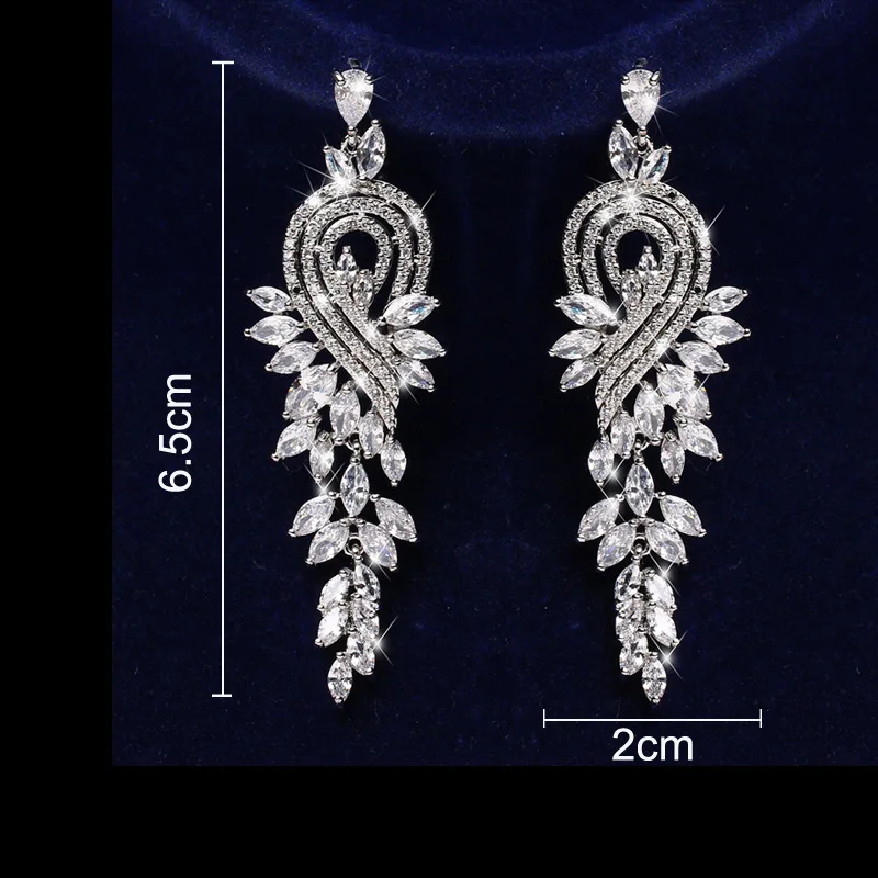 Ekopdee 2021 Elegant Zirconia Dangle Long Earrings For Women Luxury Silver Color Cubic Zircon Large Earring Wedding Jewelry Gift