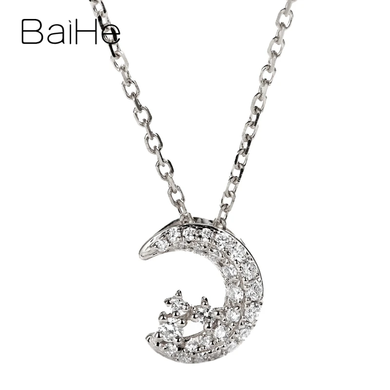 

BAIHE Real Solid 18K White/Yellow/Rose Gold 0.15ct H/SI Natural Diamond Moon Pendant Necklace Clavicle Chain Women Fine Jewelry