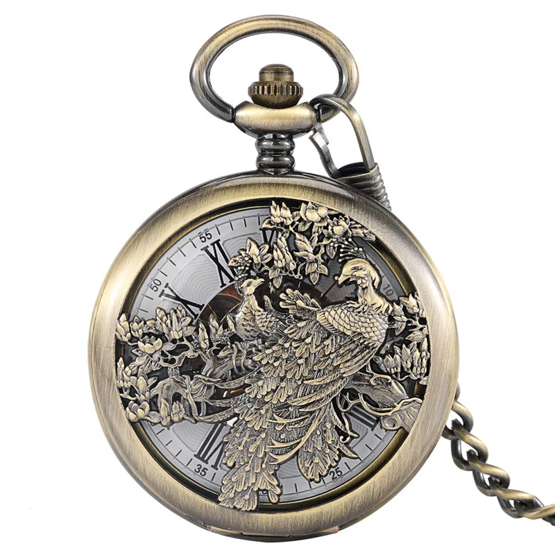 Antico orologio Phoenix scavato orologio da tasca meccanico a carica manuale per uomo donna numero romano scheletro catena Fob