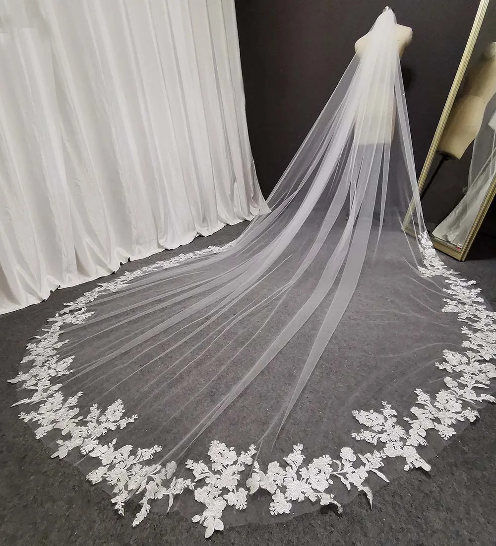 Véu de casamento longo de renda personalizado, 3 metros de comprimento, branco marfim, catedral, véu de noiva com pente, acessórios de casamento, headpieces de noiva