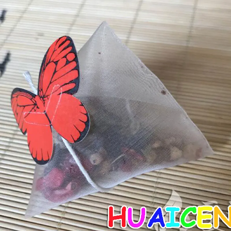 100pcs/lot Nylon Pyramid Tea Filters Tea Bags Bag Single string with label Transparent Empty Teabags