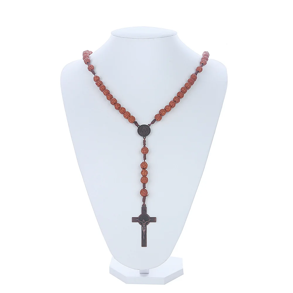 Vintage Imitation Wood Rose Bead Rosary Saint Benedict  Jesus Christ Cross Necklace Religious Prayer Supplies Gift For women