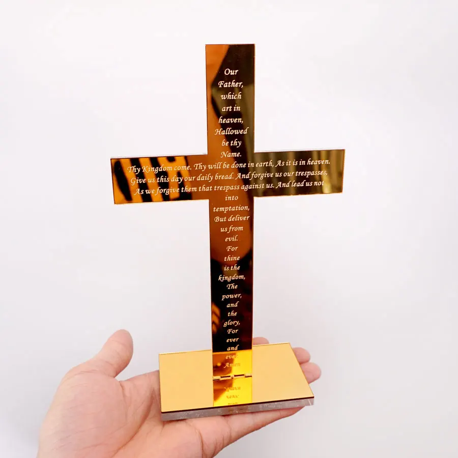 

Christian Jesus Scripture Prayer Acrylic Mirror Cross Standing The Lord's Prayer Cross With Right Angle Base Table Decoration