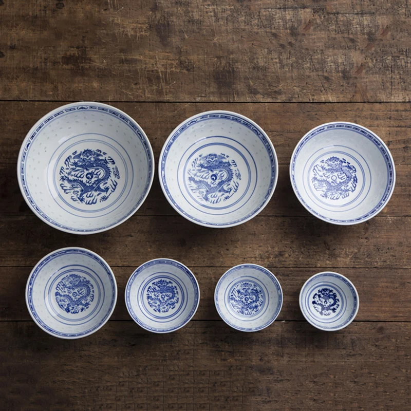 Jingdezhen Blue and White Porcelain Hollow Ramen Bowl Vintage Chinese Dragon Pattern Rice Bowl Kitchen Tableware Food Dinnerware