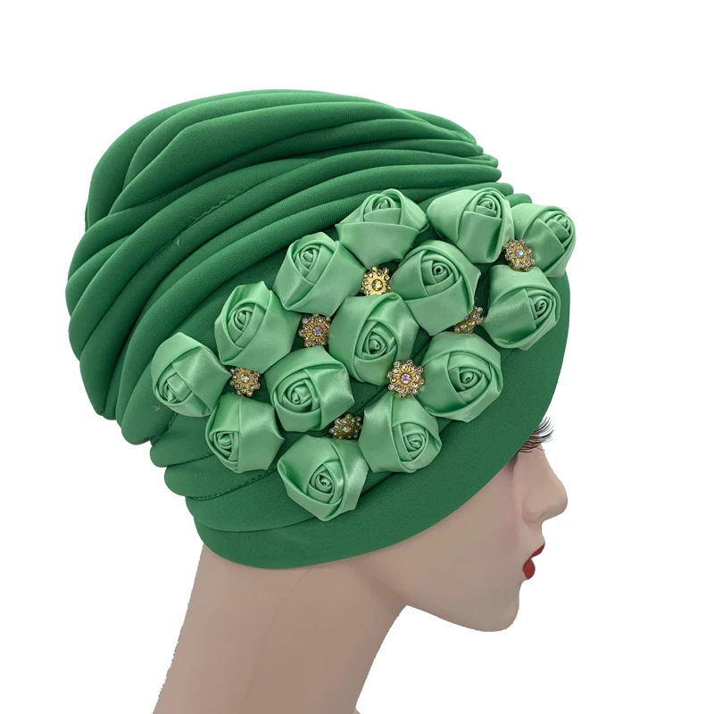 Rose Flower Deco Turban Cap for Women Pleated Head Wraps Bonnet Muslim Headscarf Hat Nigeria Headwear Party Hat