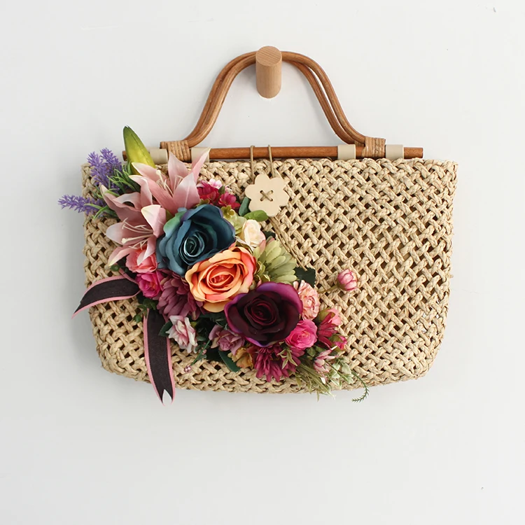 Sac à main en paille pour femmes, sac de plage, costume de chapeau, multicolore fleur poignée supérieure, sac à main pour femmes, vacances d\'été,