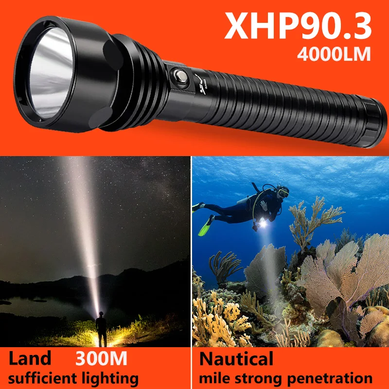 10000mAh XHP90.3 Most Powerful LED Scuba Diving Flashlight 200m Underwater Torch 4000LM Waterproof XHP70 Dive Lamp Lantern Light