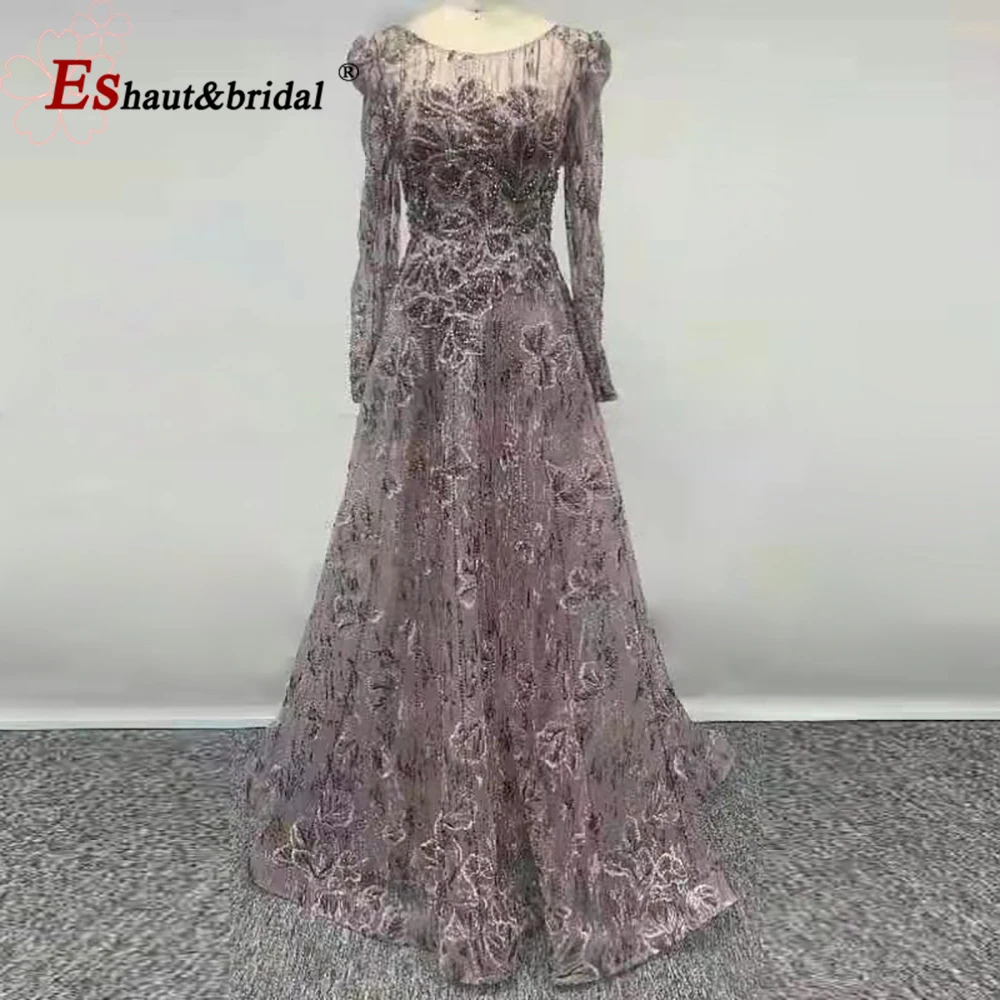 Elegant Dubai Evening Dress for Women 2024 Long Sleeves O Neck Aline Crystal Lace Formal Prom Wedding Party Gowns Customized