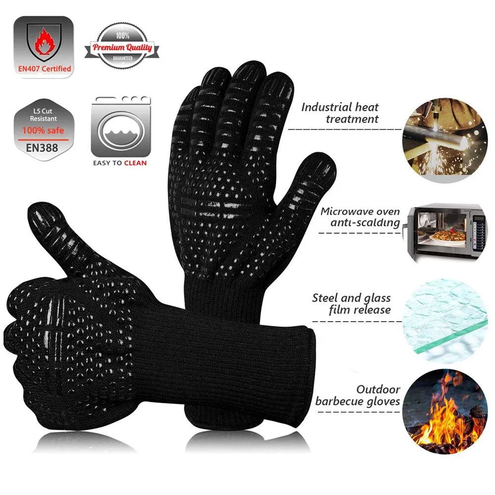 1 Pair BBQ Glove 300-500 Centigrade Extreme Heat Resistant Silicone Microwave Kitchen Gloves Cooking Grill Oven Mitts