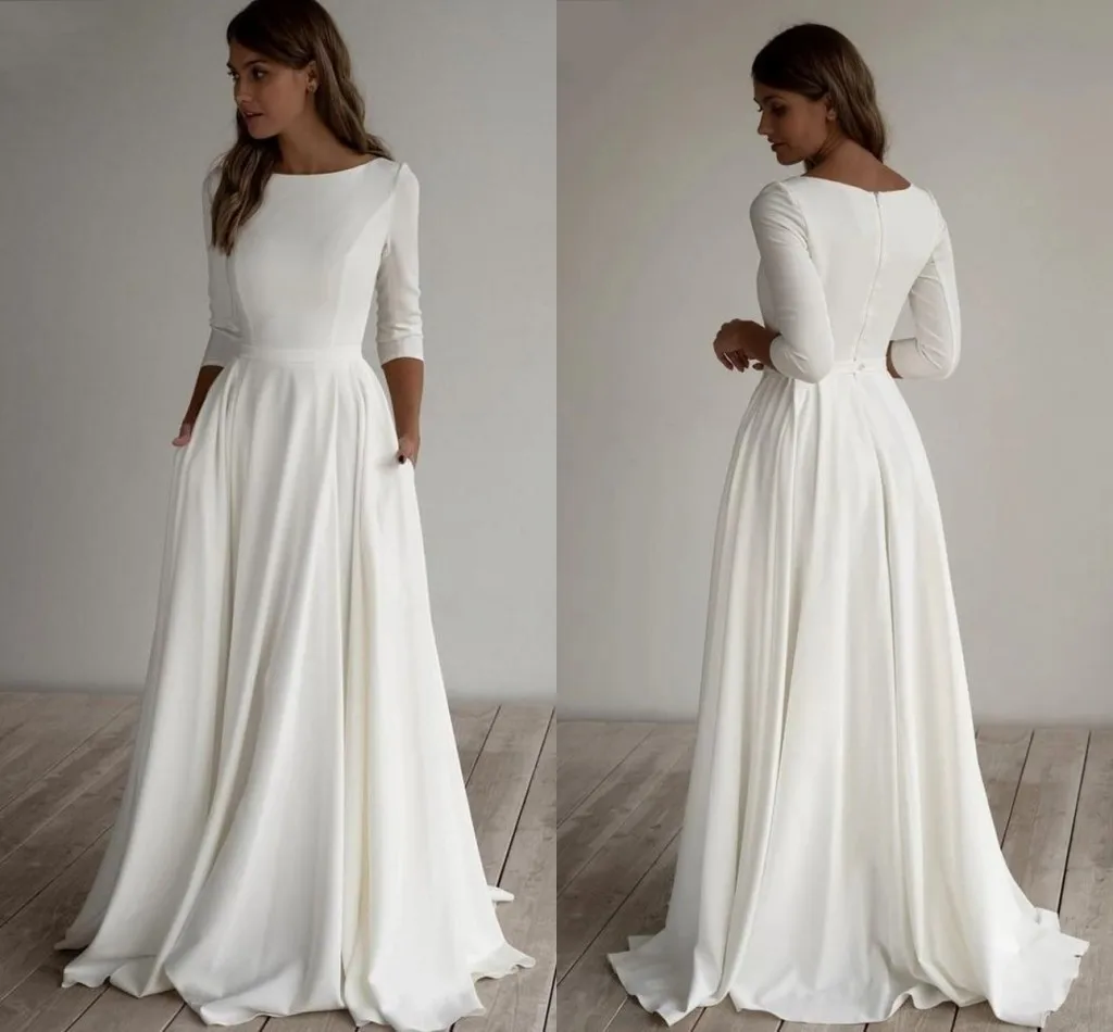 Vestidos De novia sencillos De satén con bolsillos, cuello redondo, mangas 2021, cremallera, tren De barrido trasero, 3/4