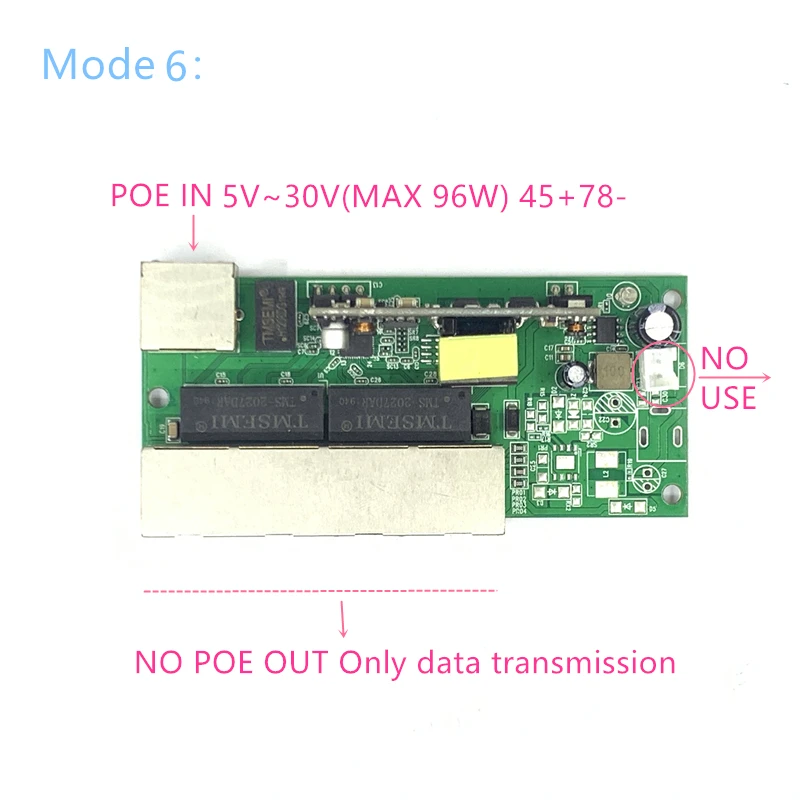 Interruptor de ponto de potência reversa, poe in/out5v/12v/24v 90w/5 = 315w 100mbps 802.3at 45 + 78-dc5v ~ 35v, força da série de longa distância