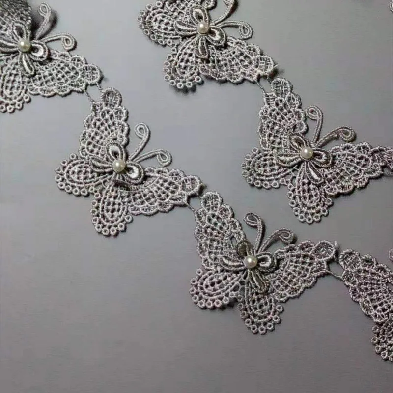 10x グレー蝶真珠刺繍レーストリムリボン生地手作り DIY 縫製クラフト衣装帽子靴装飾