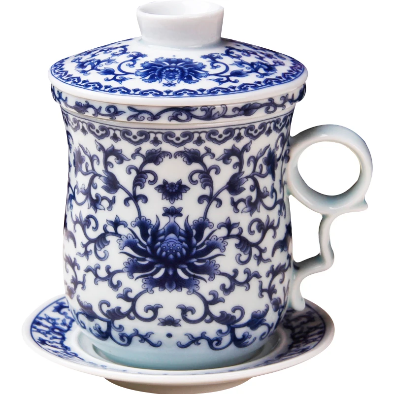 Retro Chinese Blue White Porcelain Tea Cup Set with Saucer Lid Infuser 260ml Ceramic Teacup with Tea Filter Tea Cup with Infuser