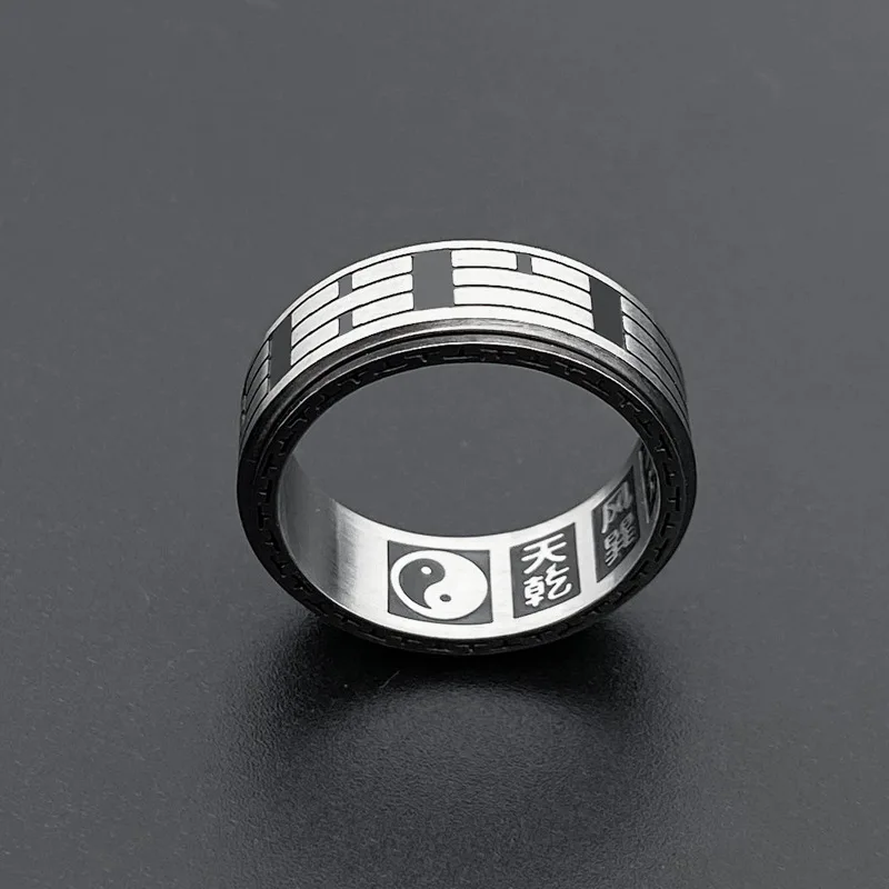 Chinese Style Taiji Ring Good Luck Turning Titanium Steel RIng Vintage Bagua Scripture Buddhist Mantra Ring Jewelry