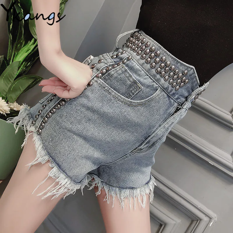 

Summer High Waist Tassels Denim Short Women Harajuku Rivets Studded Punk Jeans Hot Shorts Streetwear Slim Fit Jeans Streetwear