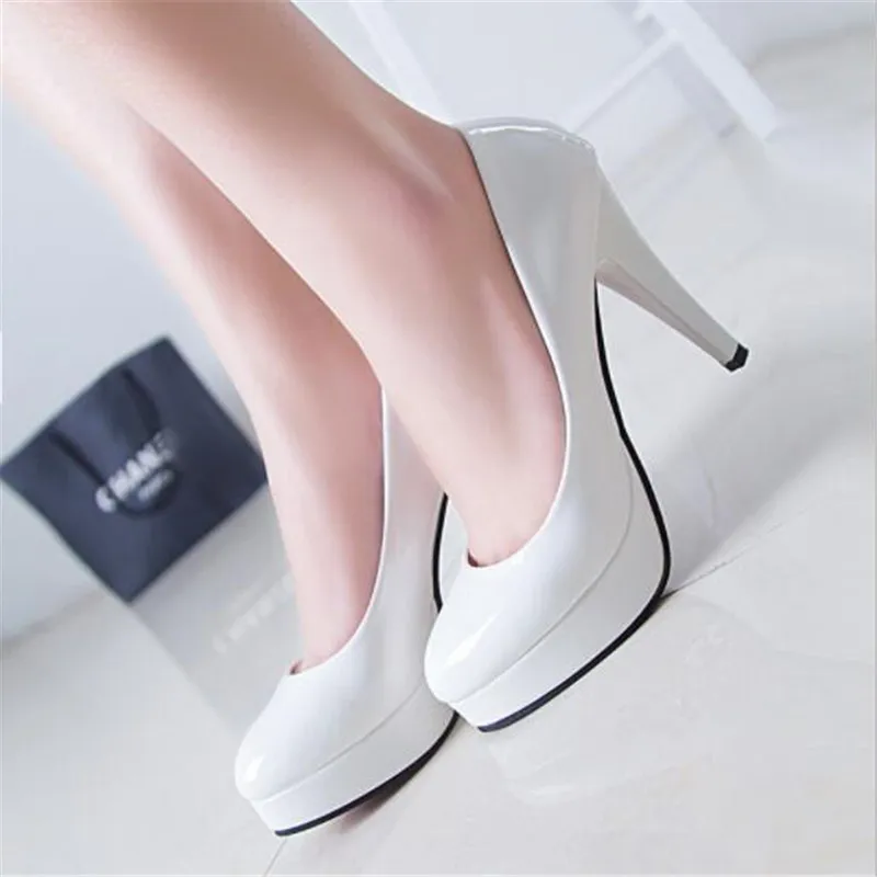 Women Pumps Fashion Classic Patent Leather High Heels Shoes Nude Sharp Head Paltform Wedding Women Dress Shoes Plus Size 34-42