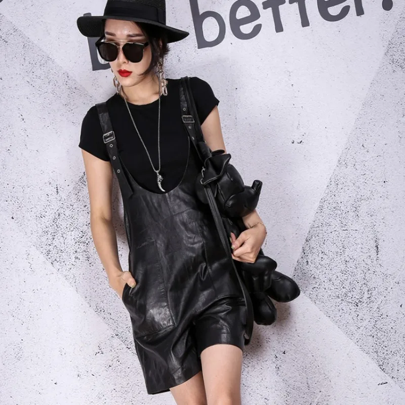 High Quality Women Real Sheepskin Straps Bib Shorts Streetwear Overalls Female Casual Loose Fit Genuine Leather Shorts Rompers