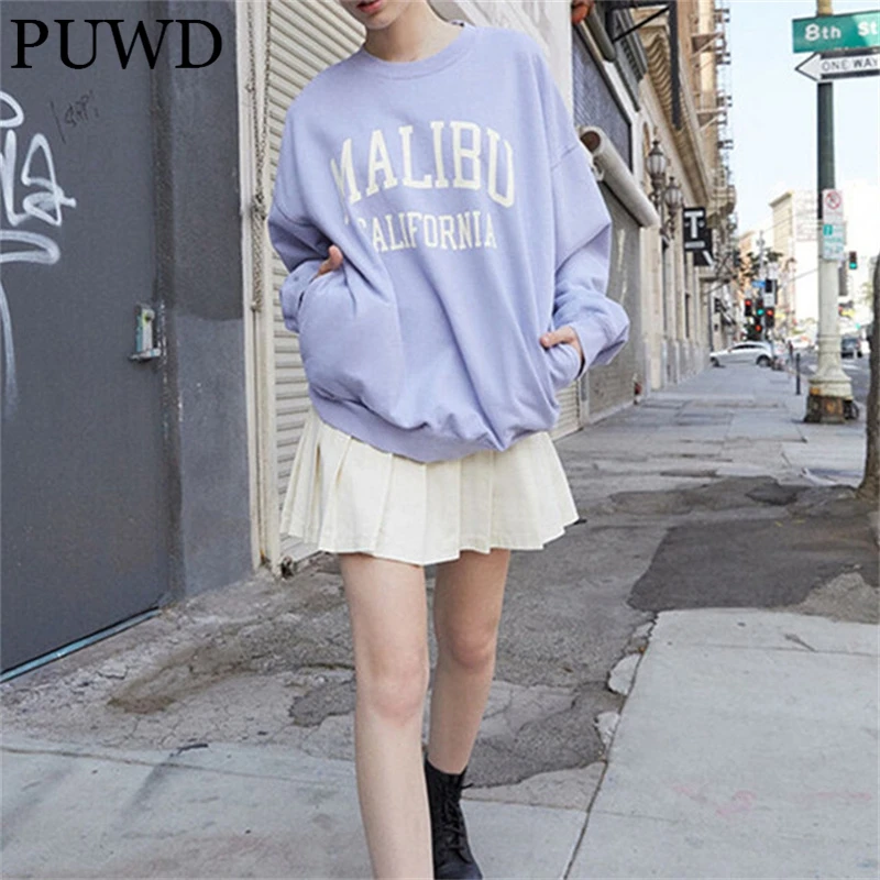 PUWD Oversize Women Letter Embroidery Cotton Sweatshirt 2022 Autumn Fashion Ladies Streetwear Pullover Girls Chic Sweatshirts