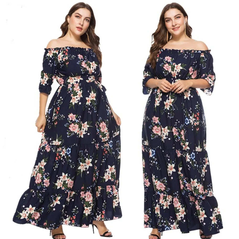 2021 Summer Hot Sale European And American Style Plus Size Bohemia Slash Neck Printed Dress For Women