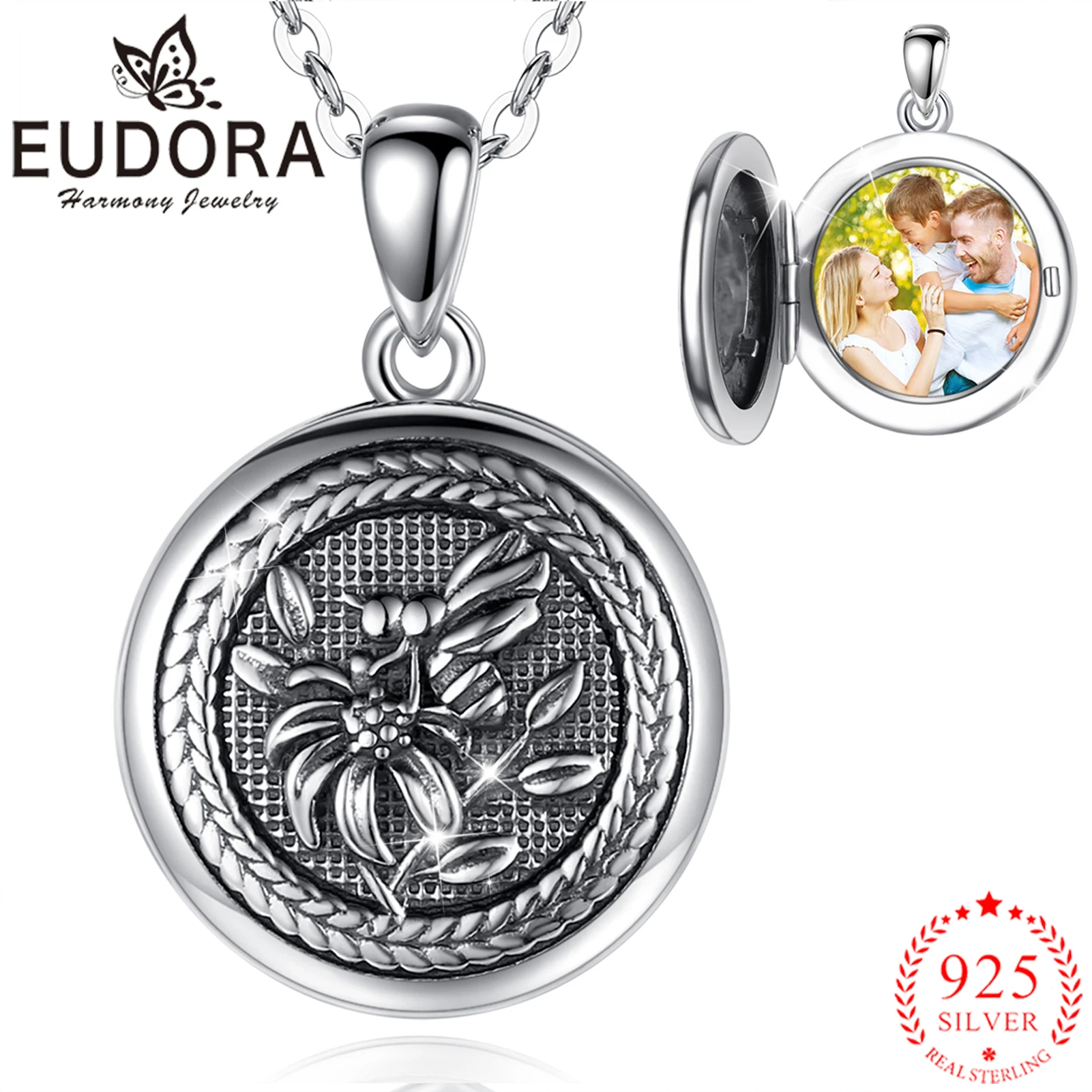 

EUDORA 925 Sterling Silver Flower Photo Frame Pendant Necklace 18/20 In O-shaped Chain For Woman Charm Wedding Fashion Jewelry