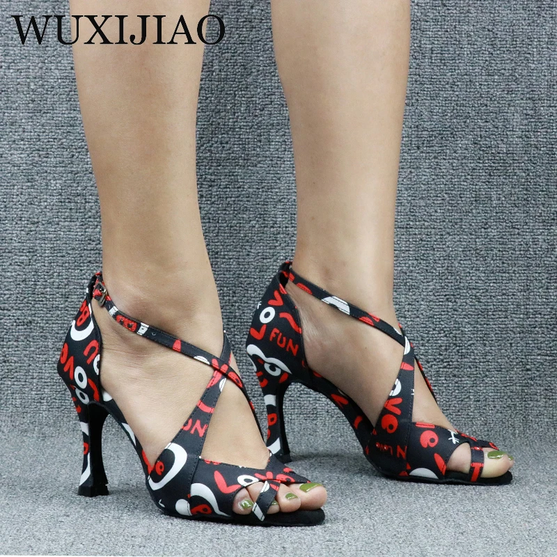 WUXIJIAO hot-selling printing women\'s Latin dance shoes national standard dance shoes party square dance shoes soft sole 9cm