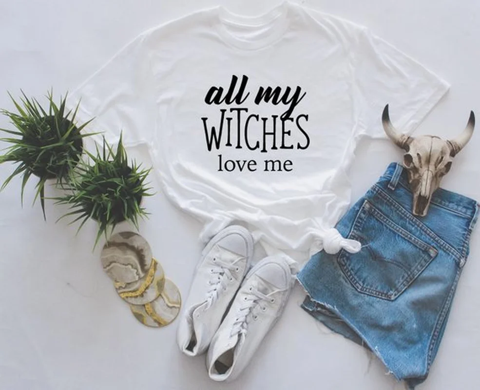 

All My Witches Love Me T-shirt Spoof Funny Slogan Women Fashion Tees Grunge Woman Tops Goth Party Style T Shirts