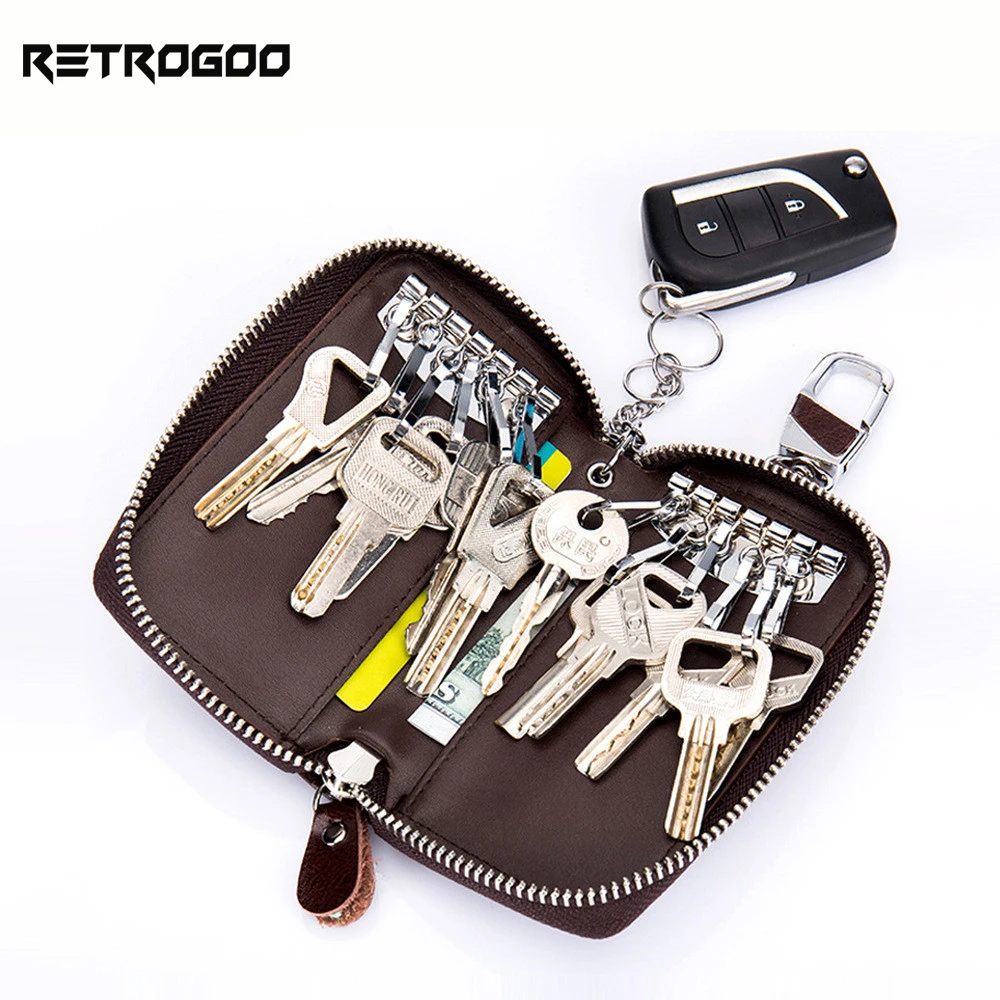 

RETROGOO Genuine Cow Leather Car Key Wallet Fashion Key Holder Credit Card Housekeeper Organizer Keychina Case 12 Key Hook Pouch