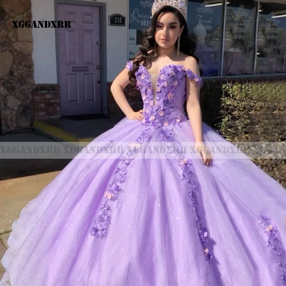 Sparkly Lila Quinceanera Jurk 2021 Sweetheart Off Shoulder Bloem Baljurk Sweet 15 16 Verjaardagsfeestje Pageant Custom Made