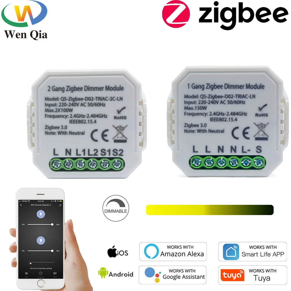 Zigbee Dimmer 220V Switch,Tuya Smart Light Switch Module,Brightness Controller,Wireless Voice Remote Control with Alexa,Google