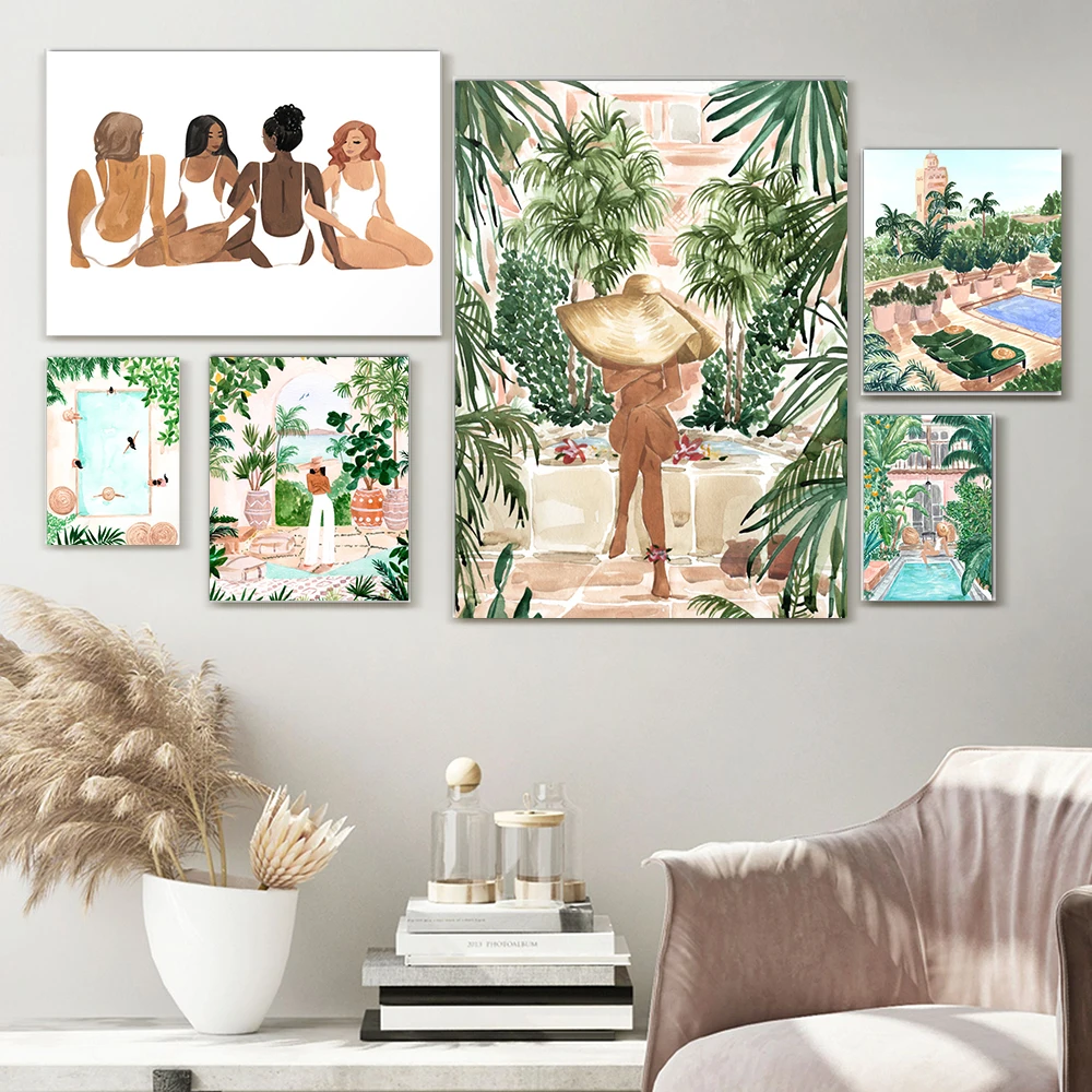 Moroccan Dream Brunette  Painting on Canvas Peaceful Morocco Posters and Prints Hotel Pool Resort Lobby Vacation for Living Room
