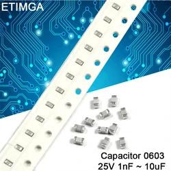 Condensador de cerámica multicapa, Chip SMD de 100 25V, 1nF a 10uF, 10nF, 12nF, 22nF, 33nF, 47nF, 82nF, 100nF, 150nF, 220nF, 1uF, 0603 uf, lote de 2,2 unidades