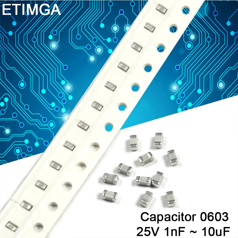 100Pcs/Lot 0603 25V SMD Chip Multilayer Ceramic Capacitor 1nF to 10uF 10nF 12nF 22nF 33nF 47nF 82nF 100nF 150nF 220nF 1uF 2.2uf