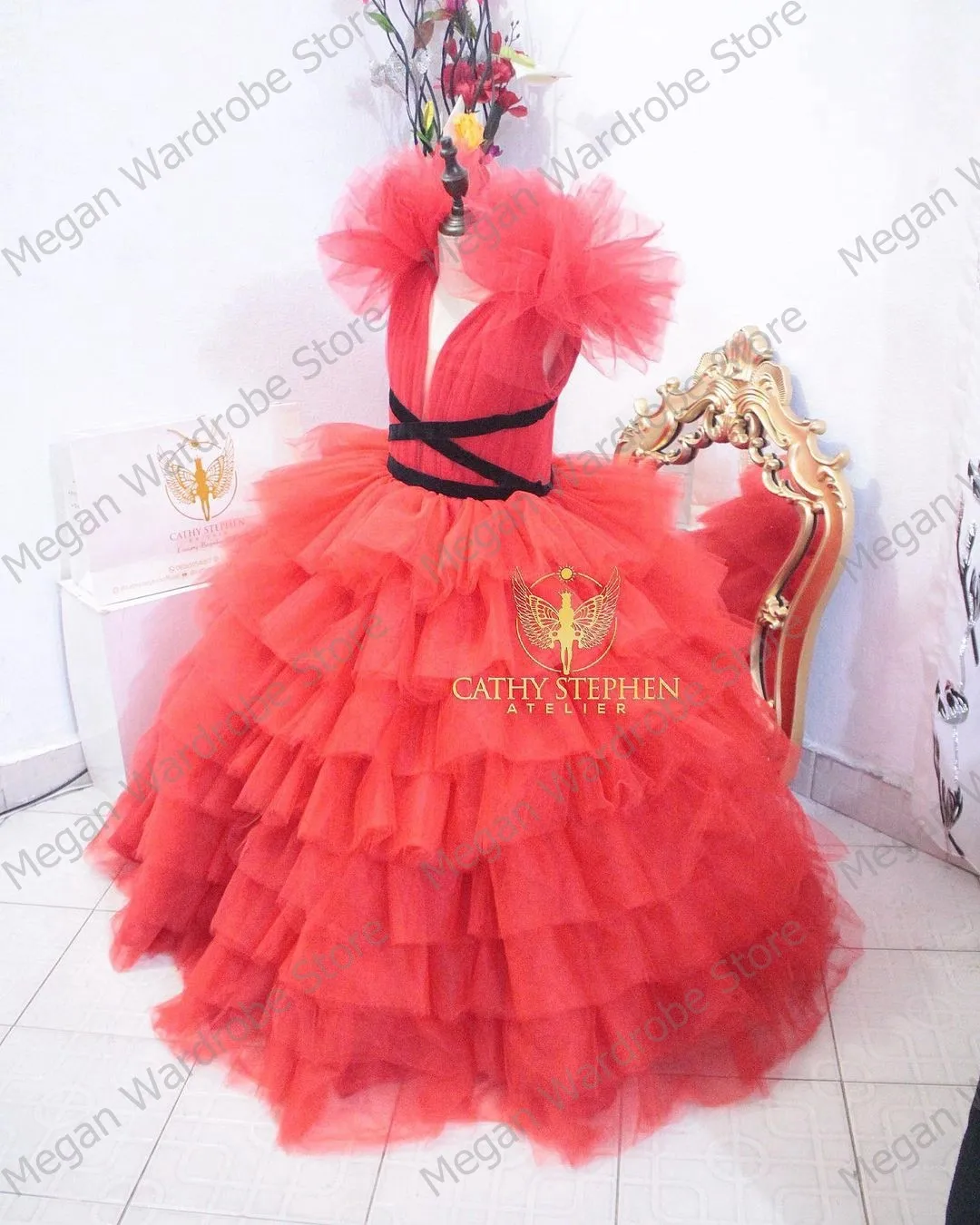 Extra Puffy Red Tiered Ruffles Flower Girls Long Formal Tulle Dresses For   Wedding Birthday Party Gowns Plus Size Custom Made